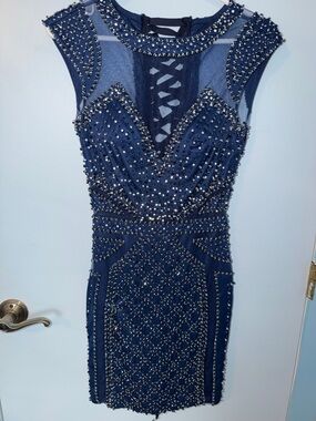 Jovani Navy Beaded Mini Dress